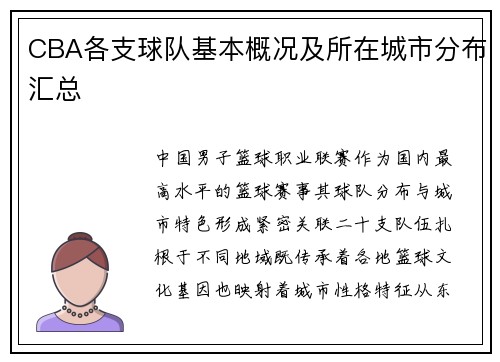 CBA各支球队基本概况及所在城市分布汇总